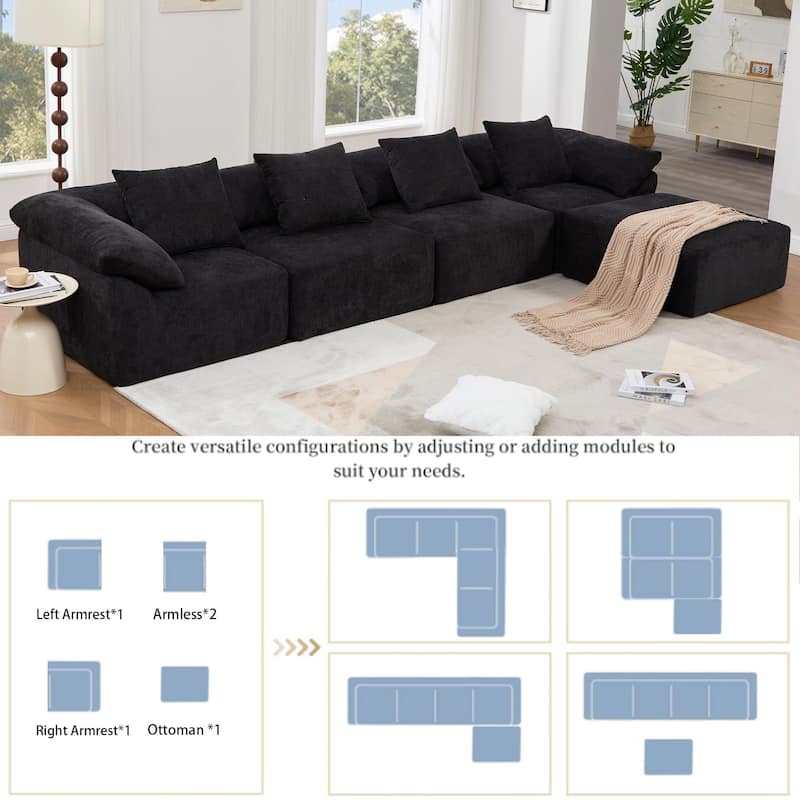 142" L Shaped Modular Sectional Sofa, 5 Piece Couch, Convertible Sleeper, Chenille, Black