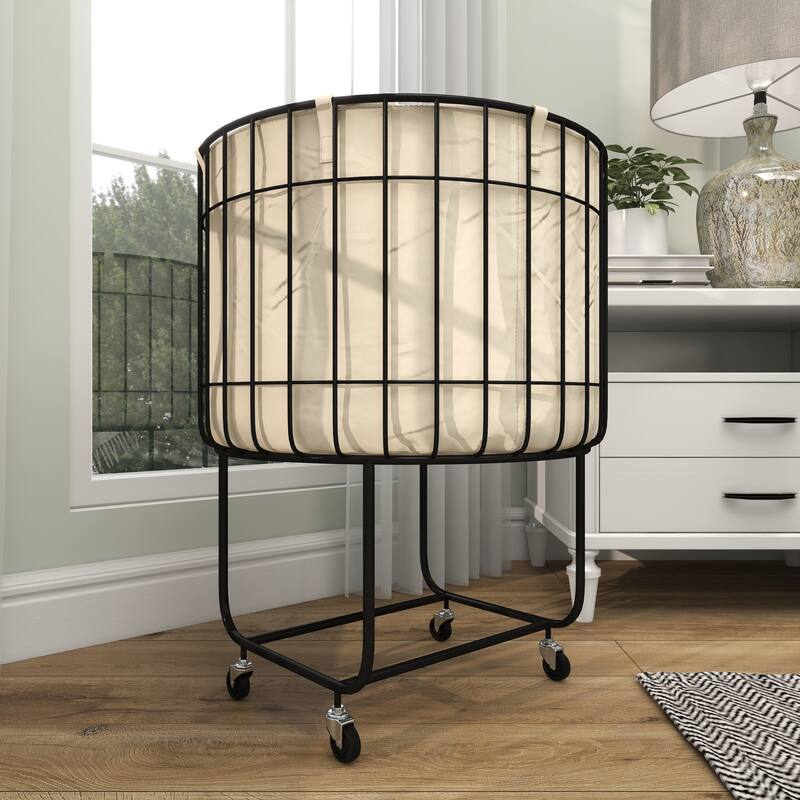 Black Metal Deep Set Wire Basket Storage Cart with Wheels and Fabric Lining