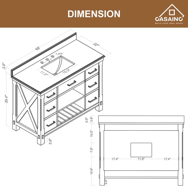 CASAINC 36"48"60" Freestanding Bathroom Vanity in Traditional Brown with Sink and Carrara Marble Top