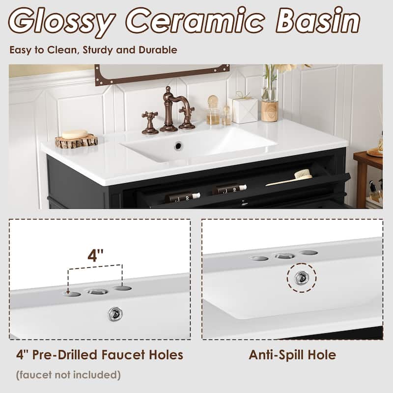 36 Inch Bathroom Vanity with Sink Top, Freestanding Storage Cabinet with 3 Drawers and Single Door, Modern Style