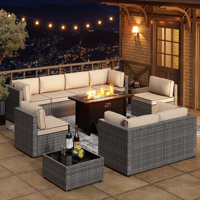 11 Piece Sectional Seating Group with Fire Pit and Cushion