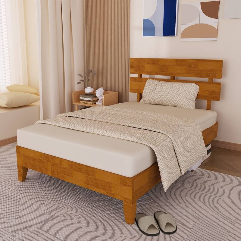 Modern Brown Solid Wood Platform Bed Frame with Headboard - Twin