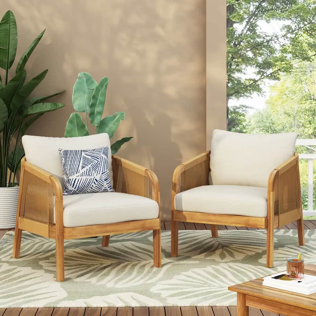 Set of 2, Acacia Wood and Wicker Outdoor Club Chair, Deep Seating with Soft Cushion