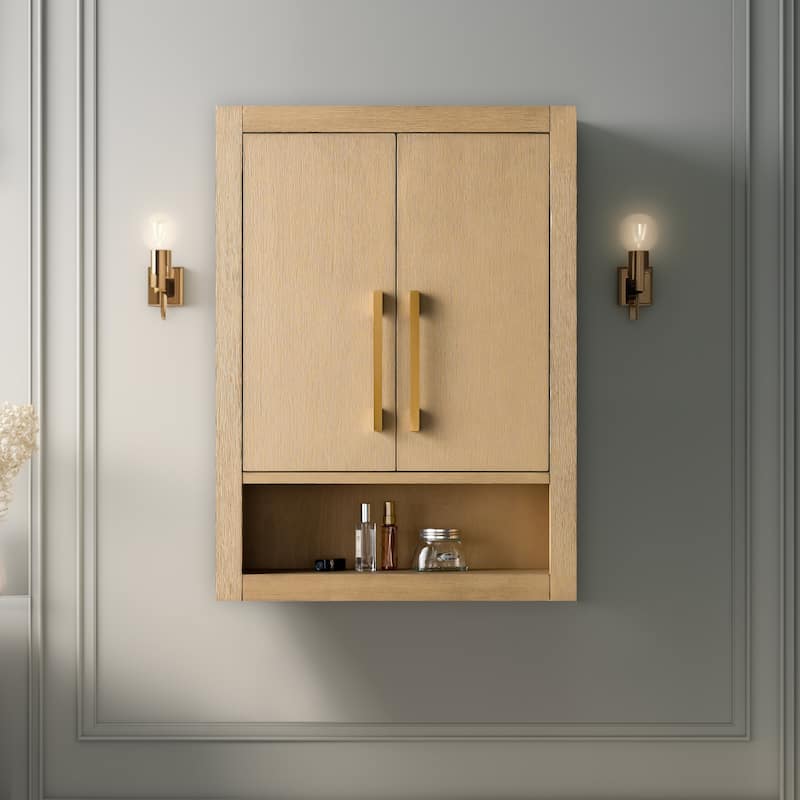 Vanity Art 24 "Wall Mounted Bathroom Storage Cabinet with Soft Close Doors - 24"/Golden Brushed Handle - Natural Oak