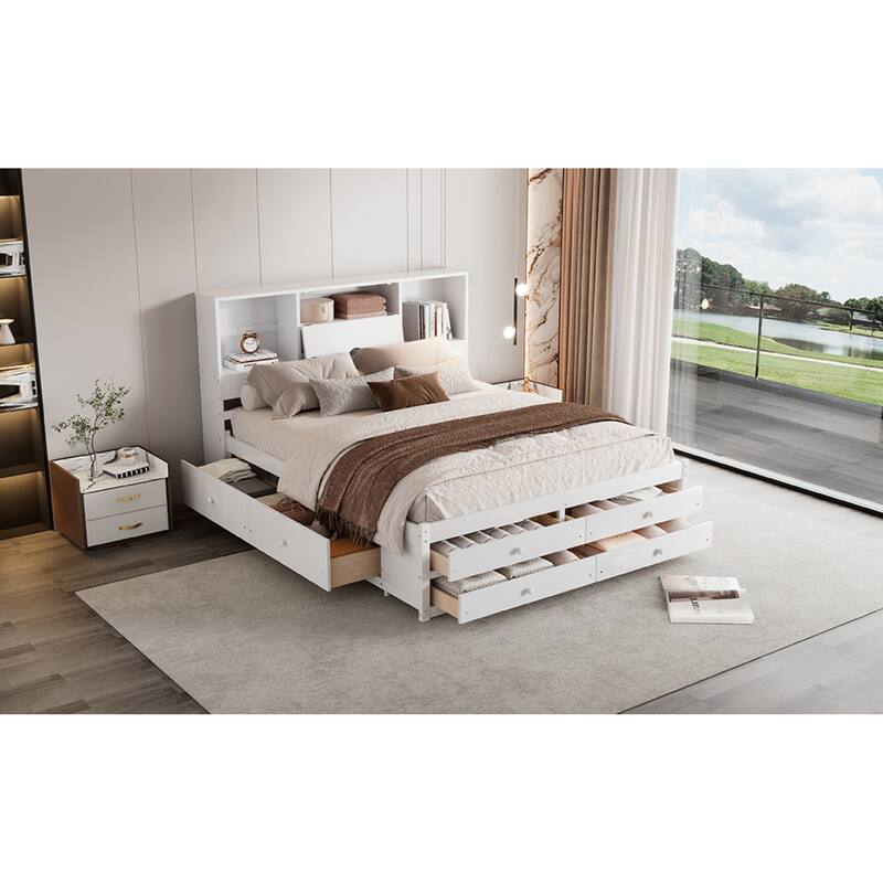 Roomfitters Queen/King Platform Bed with Storage Headboard and 8 Drawers, Solid Wood