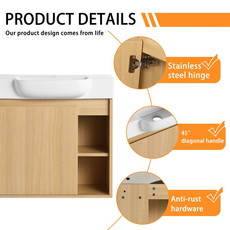 Bathroom Vanity With Sink In 24/28 Inch, Floating Bathroom Vanity With Soft Close Door