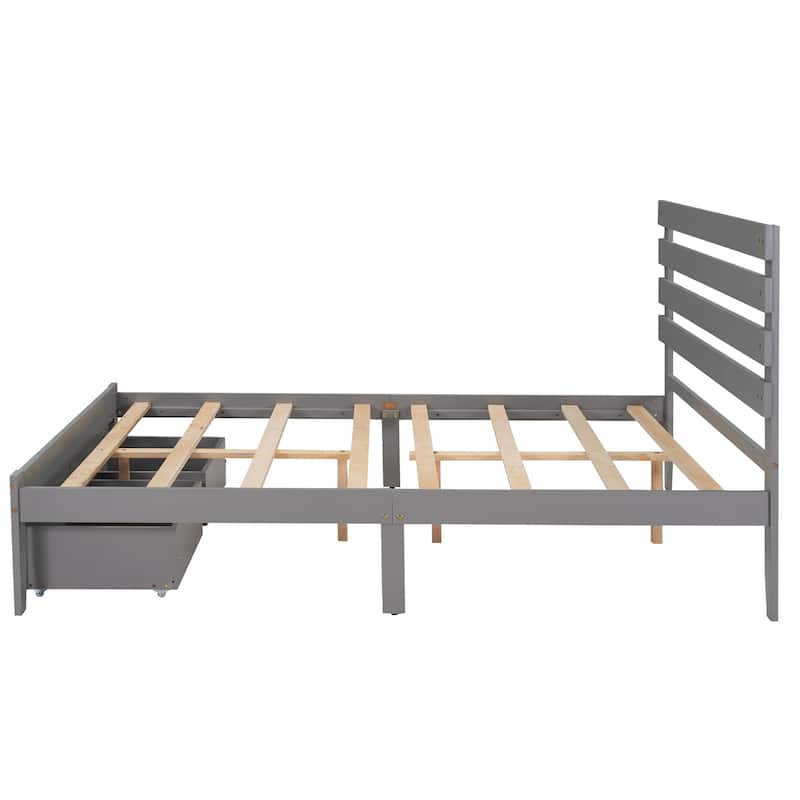 Full Size Platform Bed with Drawers, Solid Pine Wood & Wood Slat
