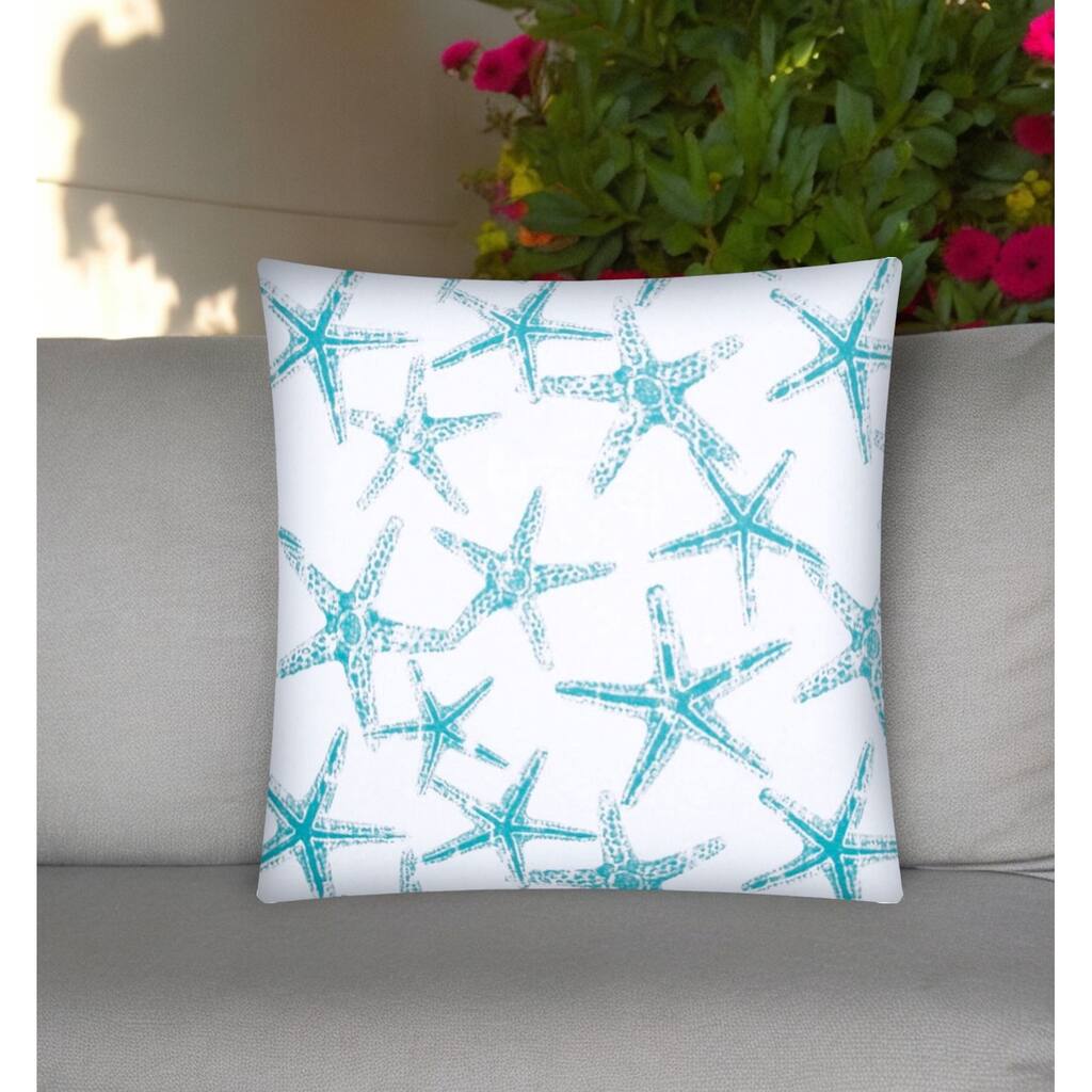 17" Turquoise and White Starfish Indoor Outdoor Throw Pillow Cover - 17" X 17"