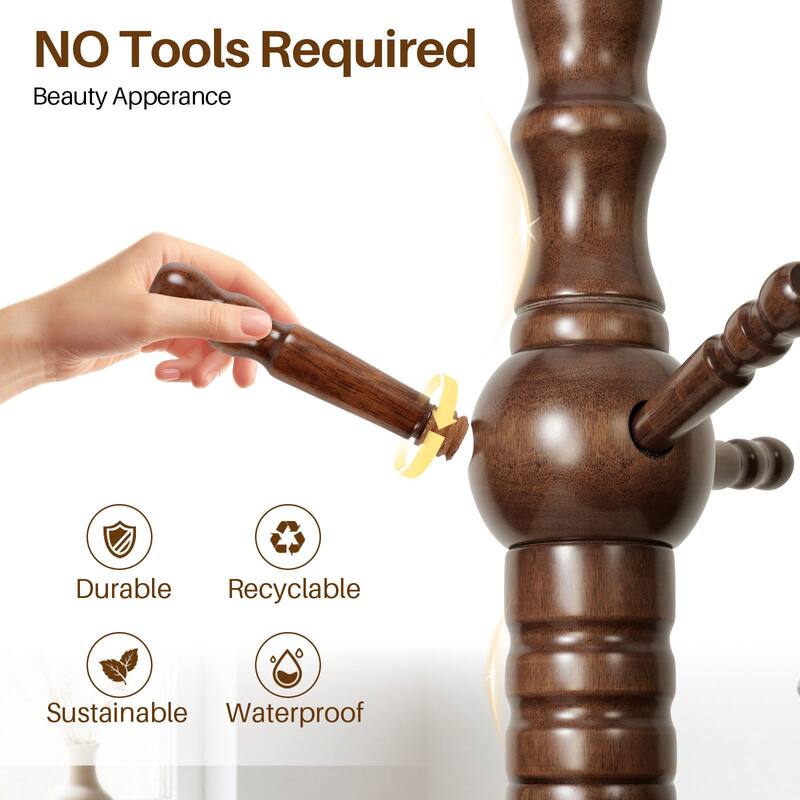 74.4" Solid Wood Coat Rack Freestanding, Coat Tree Stand with 11 Hooks - 74.4"H x 20.9"W