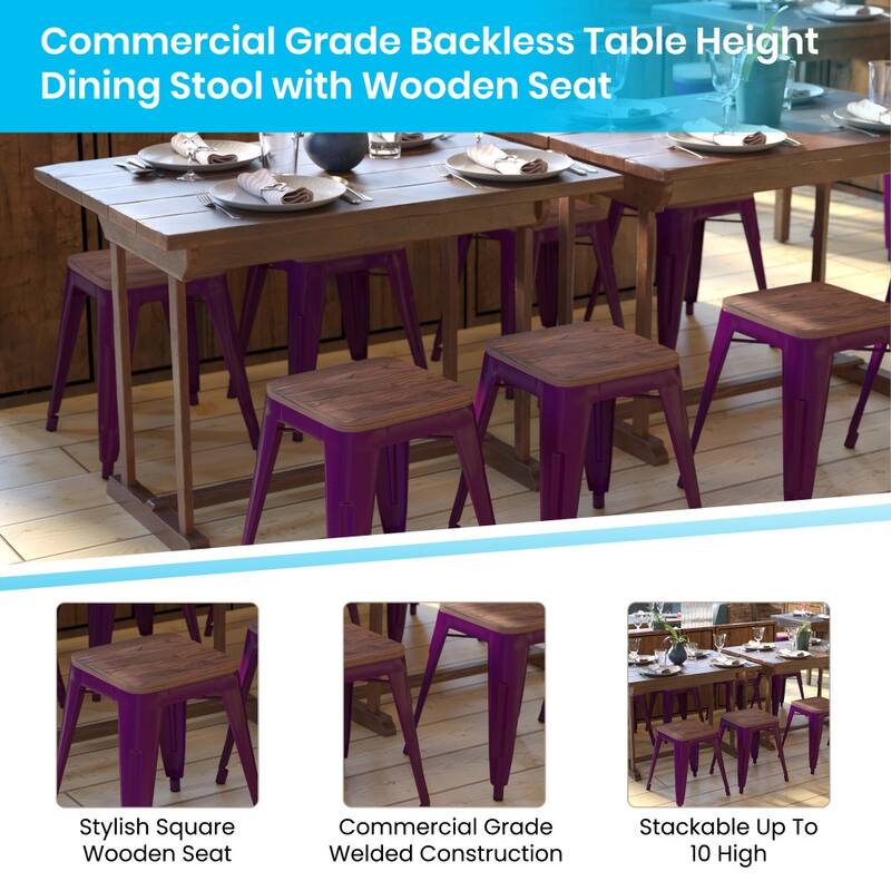 Set of 4 18" Table Height Indoor Stackable Metal Stool with Wood Seat