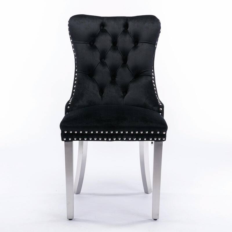 Tufted Velvet Dining Chairs - Solid Wood - Golden Stainless Steel Legs - Nailhead Trim - Set of 2