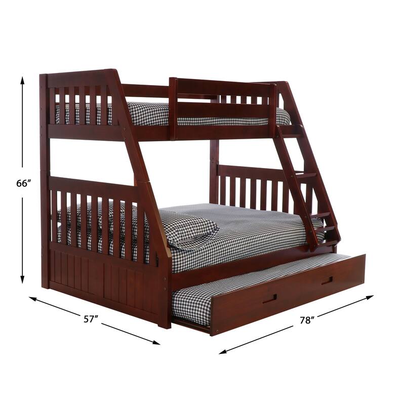 Twin Over Full Bunk Bed with Trundle - Solid Pine Wood, Merlot Finish, Space Saving Design