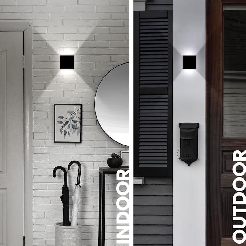 Luxrite Square LED Up and Down Wall Sconces Set of 2, Metal, 5CCT 2700K-5000K, 15W, 1000LM, IP65 Waterproof, ETL - Black