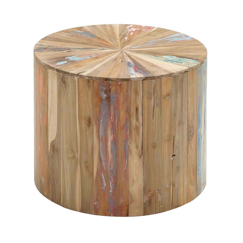 Brown Reclaimed Wood Handmade Pinwheel Drum Geometric Coffee Table with Colorful Painted Accents