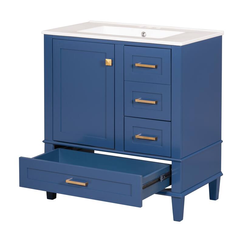 Bathroom Vanity with Ceramic Undermount Sink, Solid Wood Frame, Soft-Close Drawers & Doors, and Gold Handles