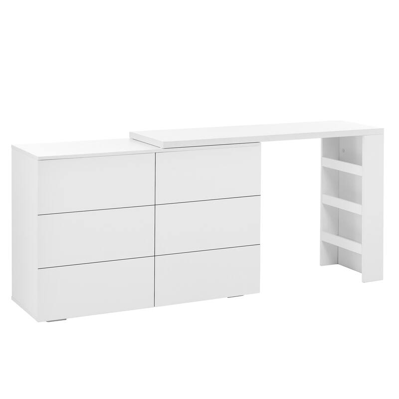 L-Shaped Makeup Vanity Table Extendable Desk 6 Drawers Dresser for Bedroom Dressing Room