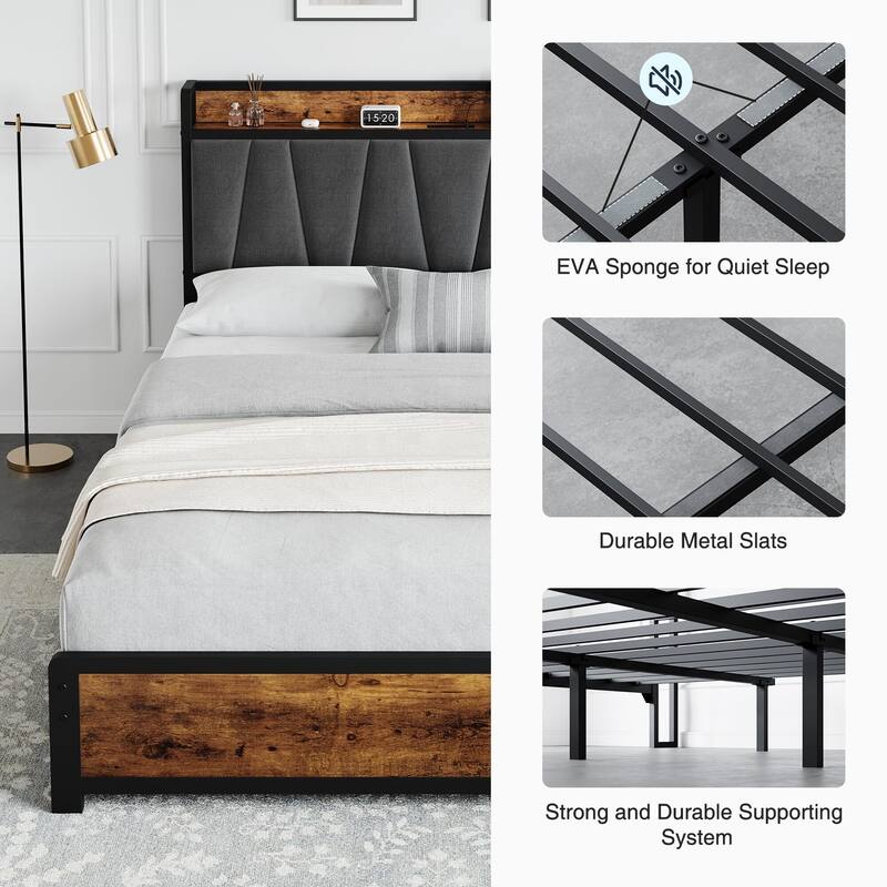 Bed Frame with Storage Linen Upholstered Headboard