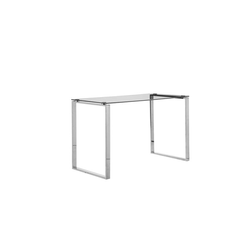 Elen 47 Inch Desk, Rectangular Tempered Glass Top, High Polished Steel