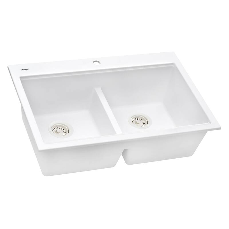 Ruvati 33 x 22 inch epiGranite Drop-in TopMount Granite Composite Double Bowl Low Divide Kitchen Sink - Arctic White - RVG1385WH