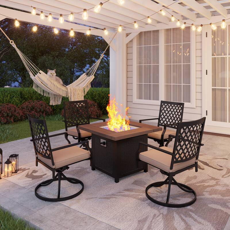 MAISON ARTS 5-Piece Patio Furniture Propane Fire Pit Set, 4 Metal Mesh Swivel Chairs and Square Fire Table