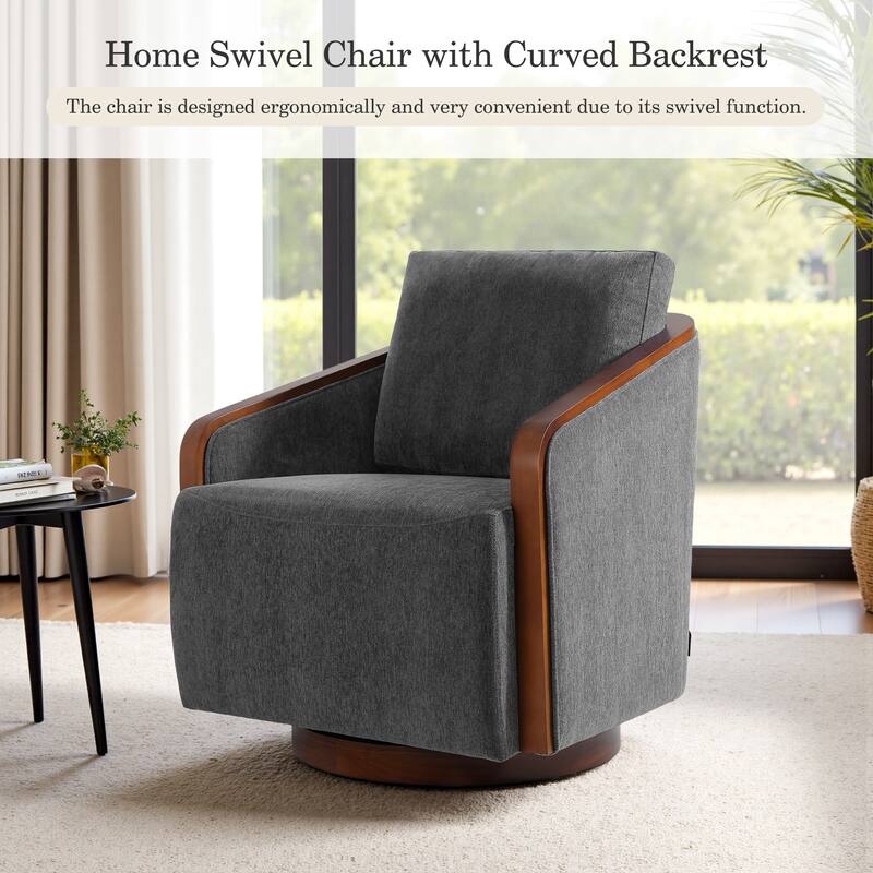 Upholstered Swivel Barrel Chair with Curved Wood Arms