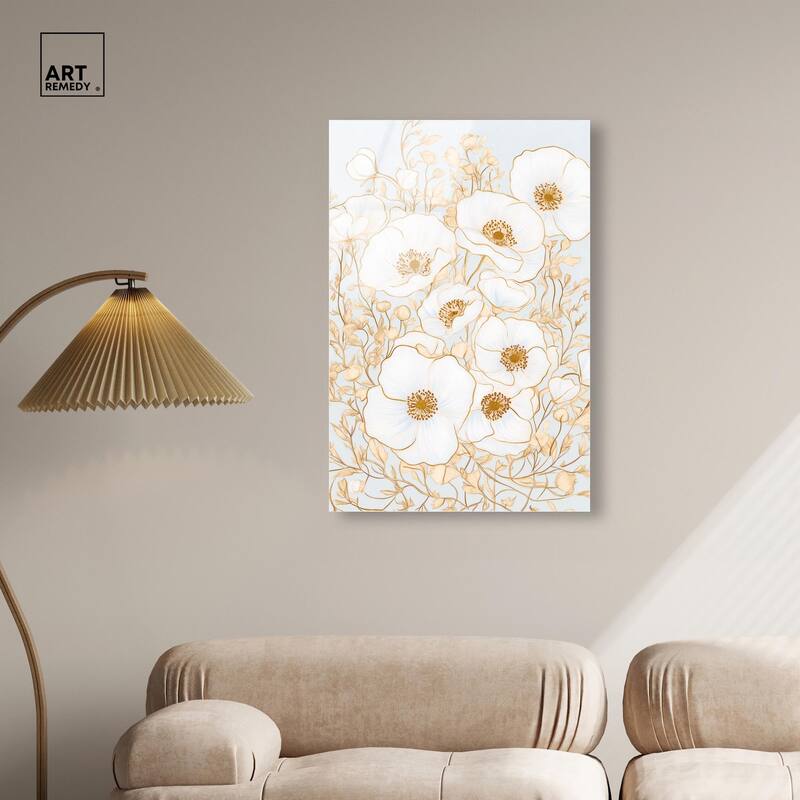White and Gold Poppies I Acrylic by Art Remedy, Ready to Hang