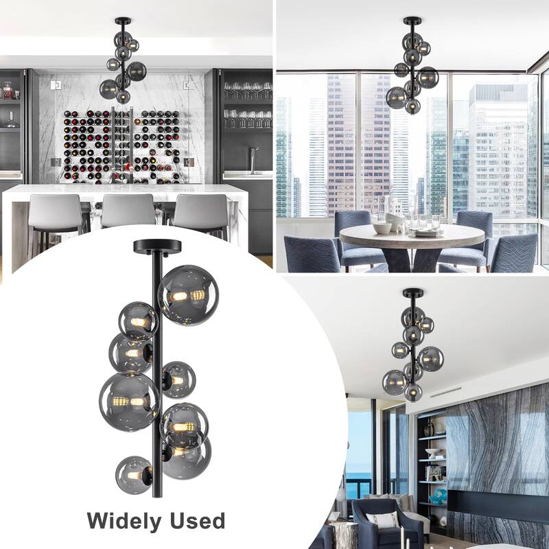 8 Lights Modern Semi-Flush Mount Ceiling Light Smoky Gray Glass Globe