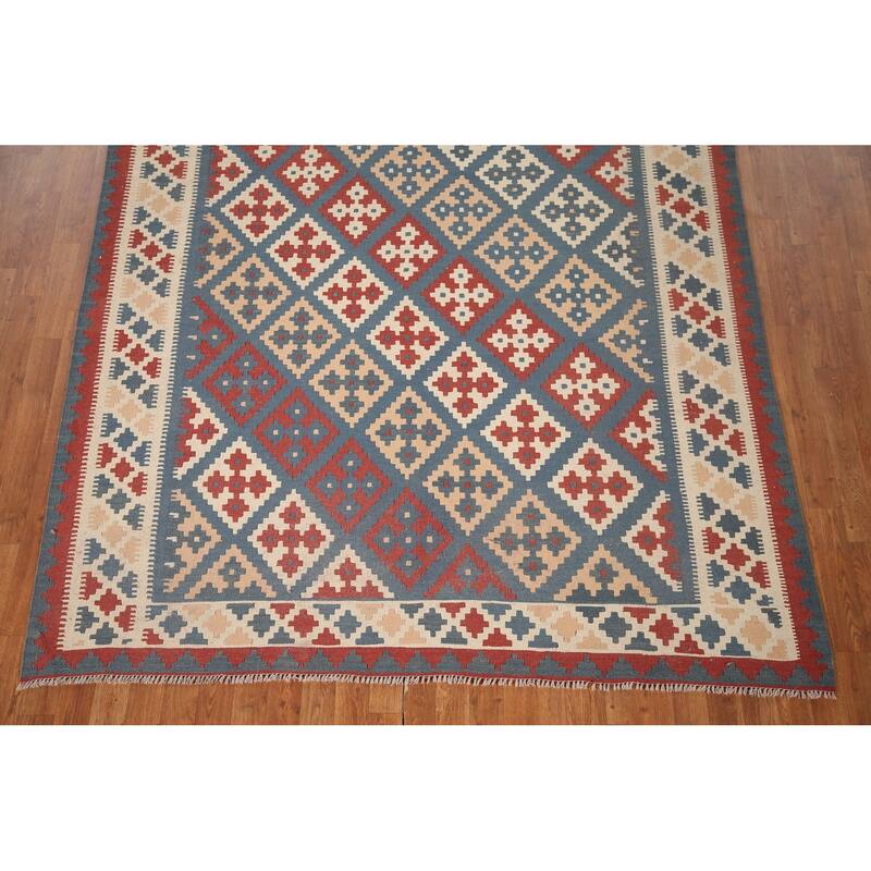 Geometric Kilim Persian Vintage Rug Flatweave Wool Carpet - 6'7"x 10'9"