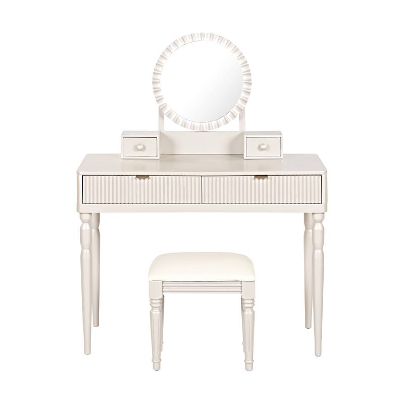 Luxury Vanity Desk with Round Mirror and Stool, Height-Adjustable Dressing Table Set - Champagne