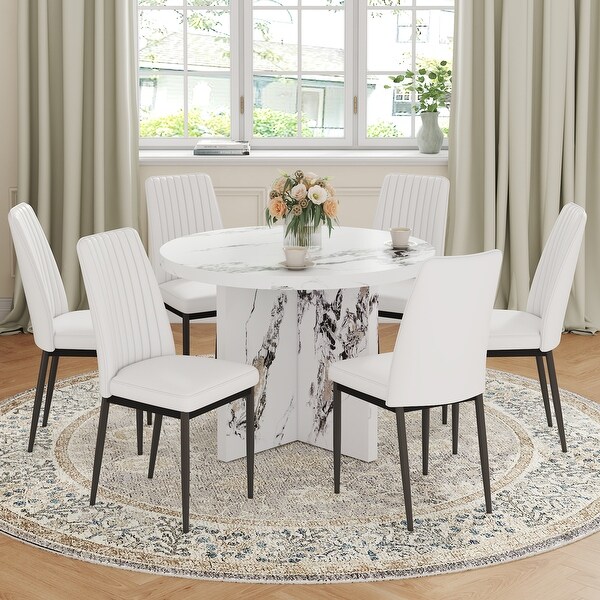 42 Inch Modern Round Table and 6 Upholstered Chairs for Dining Room Kitchen Room Living Room Easy Assembly Bed Bath Beyond 42318658