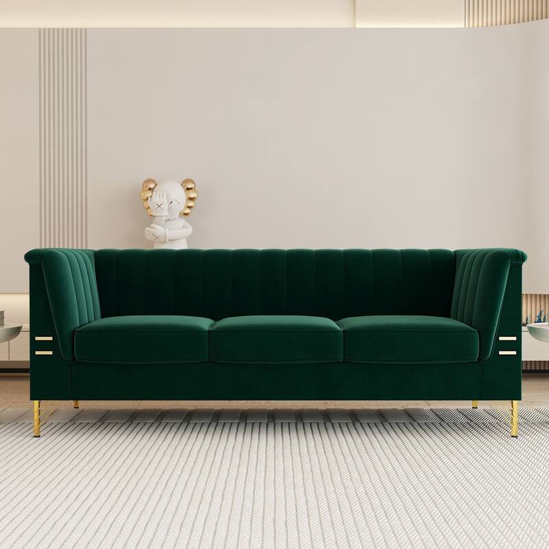 Modern Designs Velvet Upholstered Living Room Sofa, 3 Seat Sofa Couch With Golden Metal Legs with green Sofa - 83.46*31.9*30.5