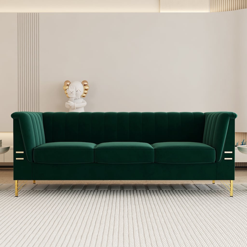 Modern Designs Velvet Upholstered Living Room Sofa, 3 Seat Sofa Couch With Golden Metal Legs with green Sofa - 83.46*31.9*30.5