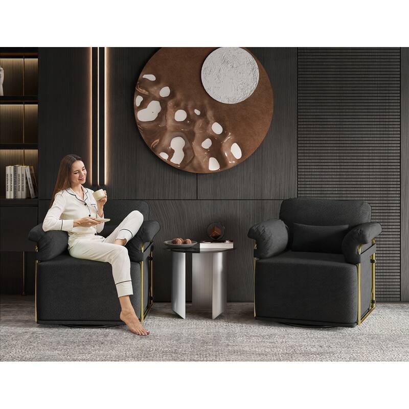 360 Degree Barrel Swivel Fluffy Fabric Lounge Wide Upholstered Reading Chair with Gold Metal Legs