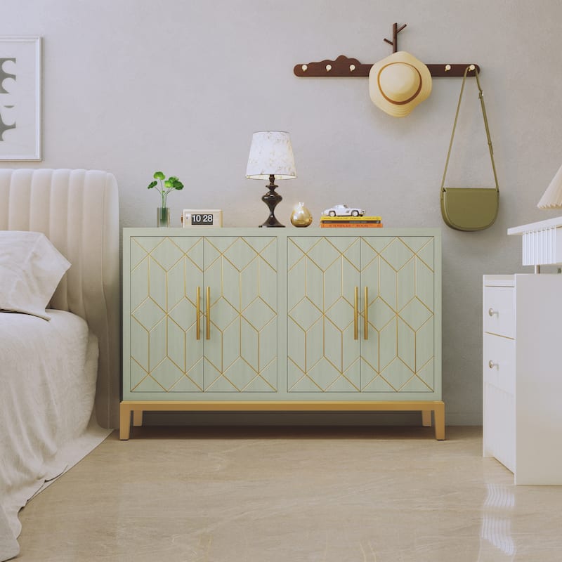 4 Doors Sideboard Buffet Cabinet with Gold Trim - Green