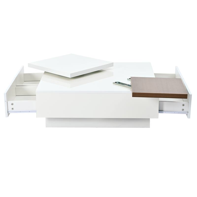 Movable Top Coffee Tables, Wood Square Center Table, High Gloss Cocktail Table with 4 Storage Drawers for Living Room