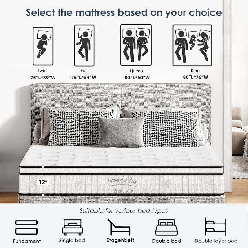 12 Inch Hybrid Medium Firm Mattress Individually Pocketed Innerspring（Twin/Full/Queen/King）