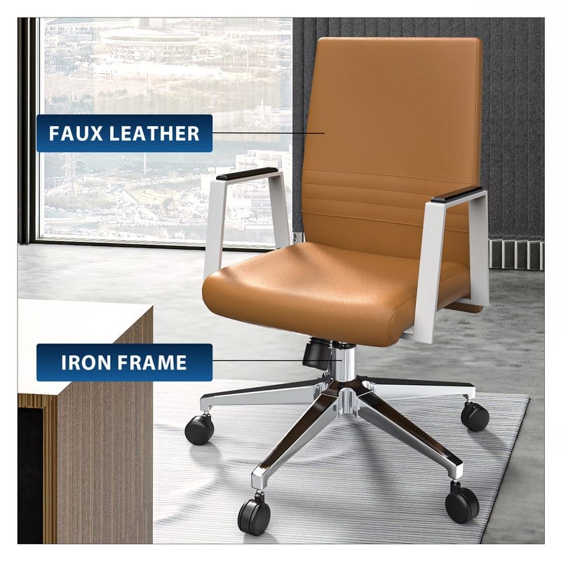 Mid-Back Leather Office Chair in Iron Modern Ergonomic Swivel Lift Tilt Computer Task Chair