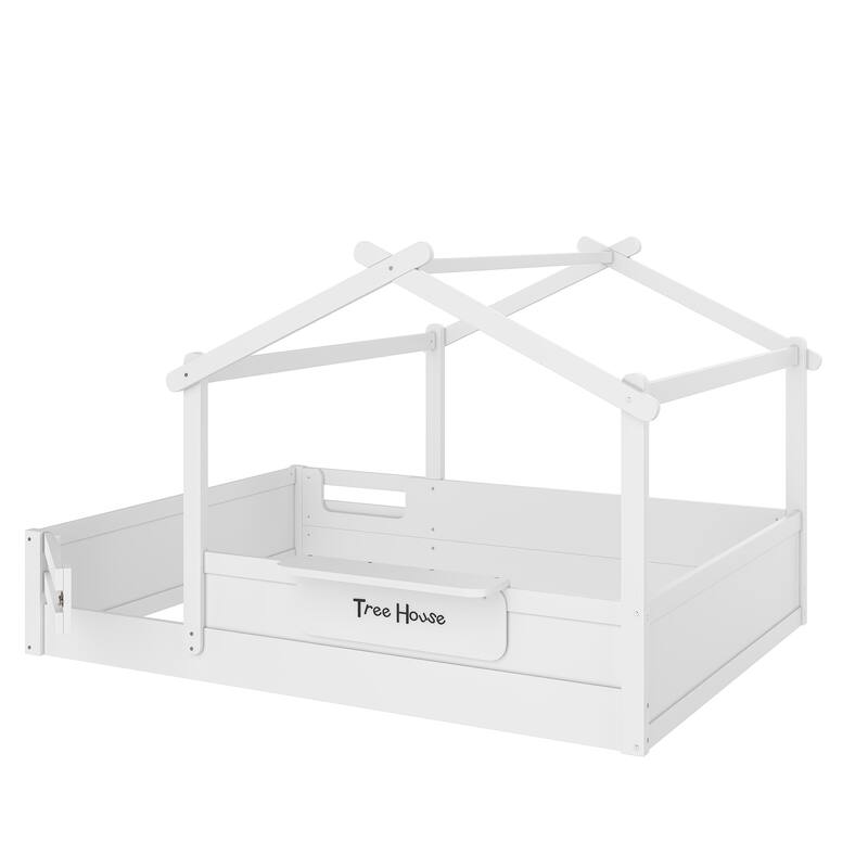 Roomfitters House Floor Bed with Guardrails and Roof, Solid Wood Frame with Tray and Signboard