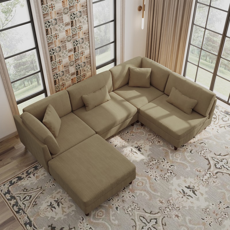 Corduroy Modular Sectional 5 Piece Sofa with Ottoman - Camel