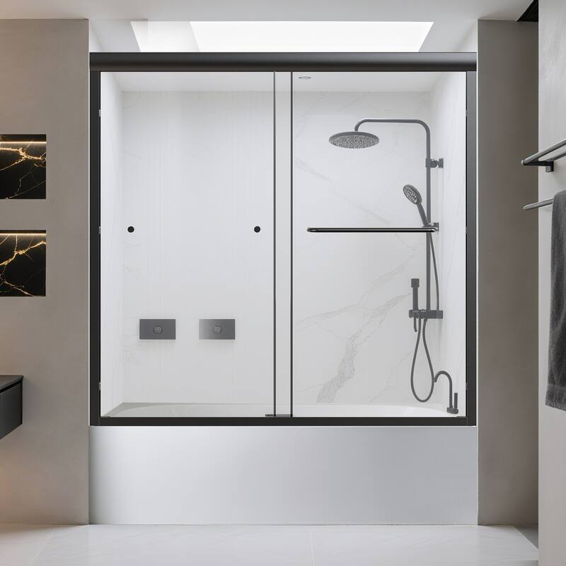 56-60" Semi-Frameless Double Sliding Tub Door, 6mm Tempered Glass Bypass Bathtub Shower Enclosure - 60x58" - Matte Black