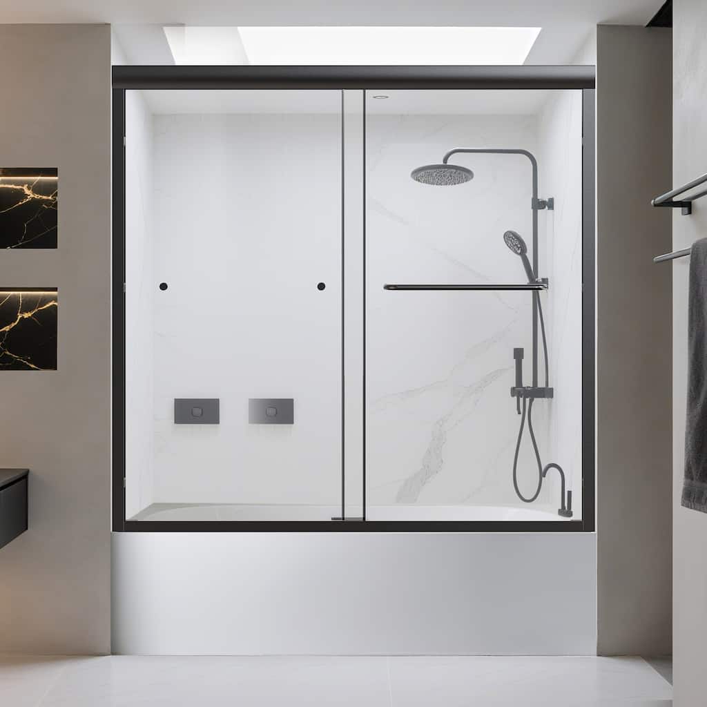 56-60" Semi-Frameless Double Sliding Tub Door, 6mm Tempered Glass Bypass Bathtub Shower Enclosure - 60x58"