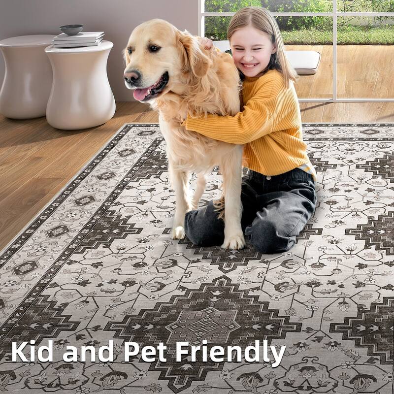Washable Area Rug Vintage Boho Rug Low Pile Non-Slip Area Rugs Soft Foldable Indoor Carpet