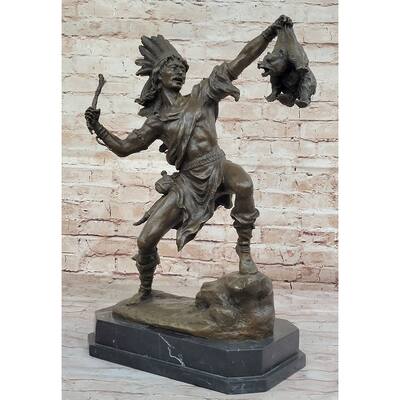 Bronze Sculpture Of Native American Indian Shaman Medicine Man W/ Bear Cub