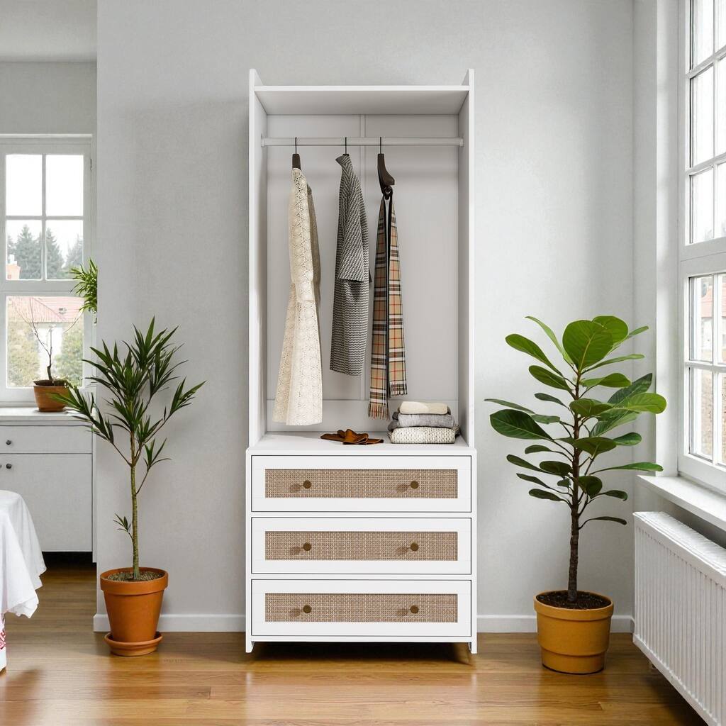 High Wardrobe Armoire with Rattan 3-Drawer Storage Cabinet Closet Organizer for Bedroom Living Room Entryway