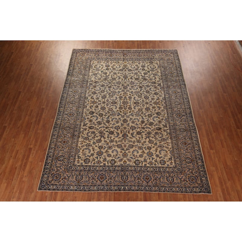 Ivory Floral Kashan Persian Vintage Area Rug Handmade Wool Carpet - 9'10"x 13'2"
