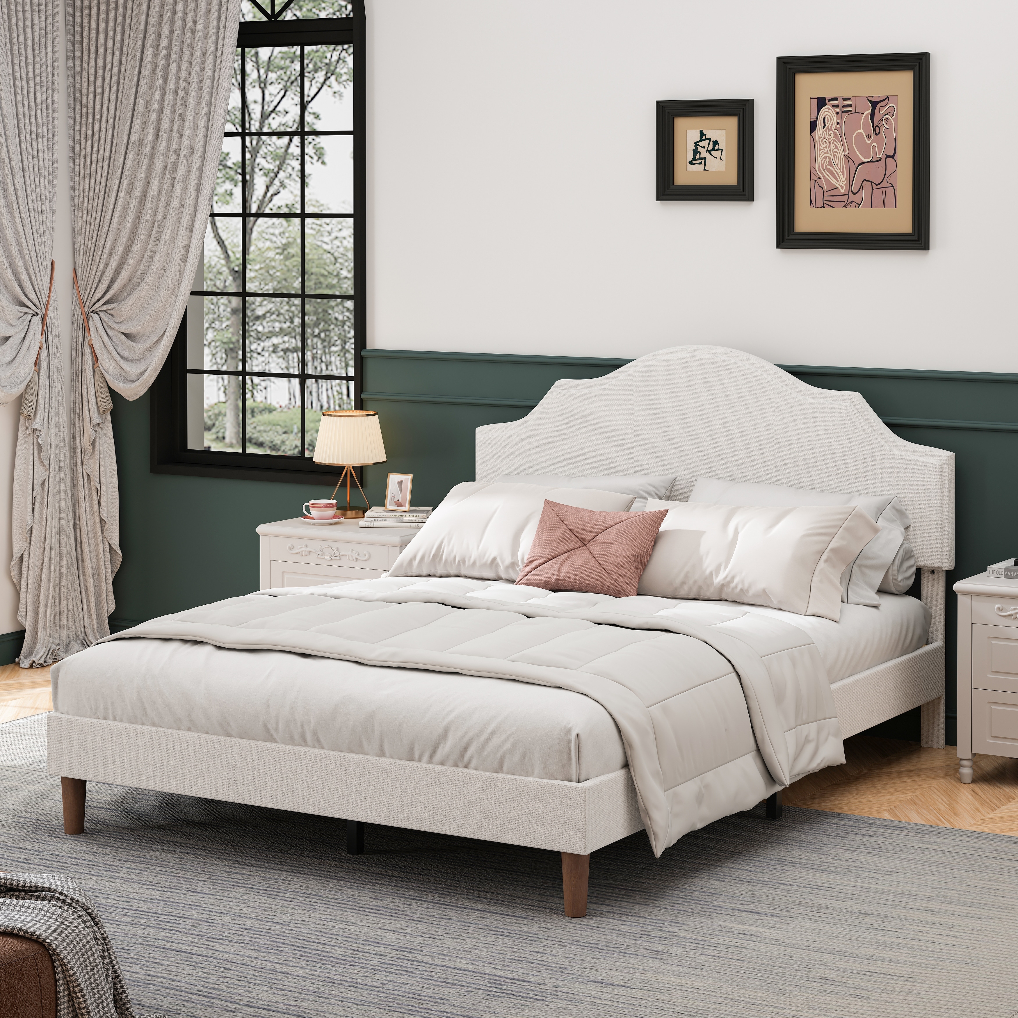 White Linen Upholstered Platform Bed with Adjustable Headboard