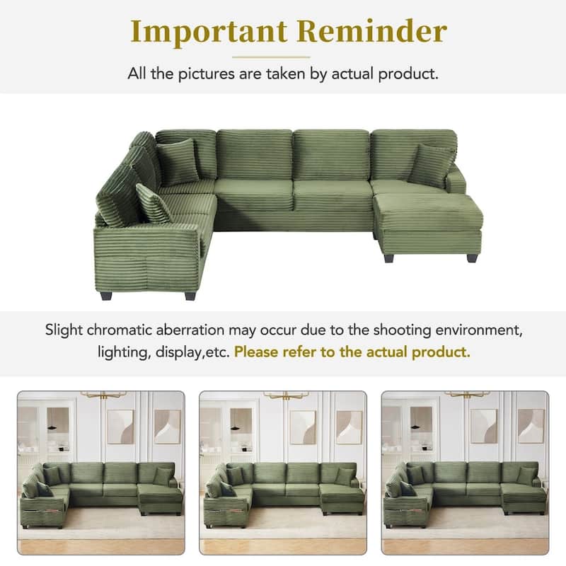 125.2" Modern Corduroy Upholstered U-shaped Sectional Sofa with Movable Ottoman and Side Storage Pockets