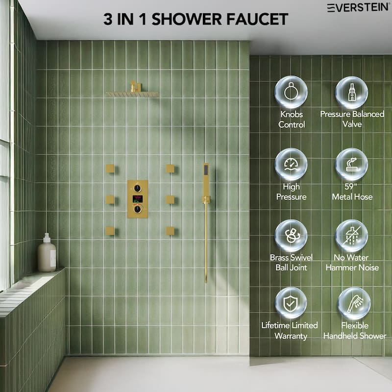 LCD Digital Display Shower System ,12" High-Pressure Rainfall Shower Head with Pressure-Balanced Valve