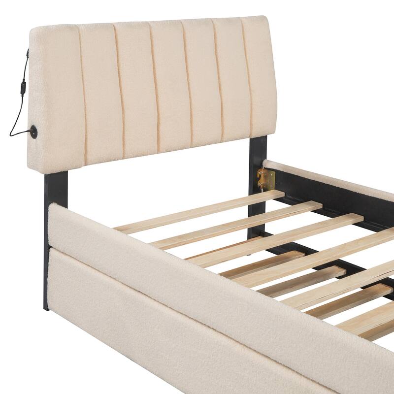 Cozy Twin Upholstered Platform Bed with LED Lights, Stripe Headboard, and Trundle for Extra Sleeping Space