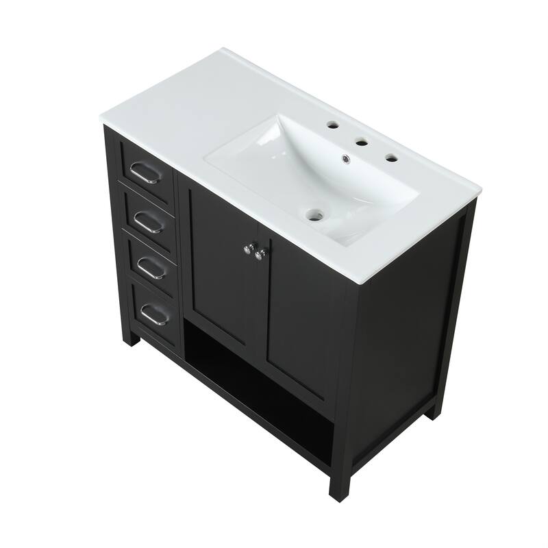 Roomfitters 36" Bathroom Vanity with Sink, Right-Side Basin, Solid Wood Frame, 2 Doors, 2 Drawers & Open Shelf